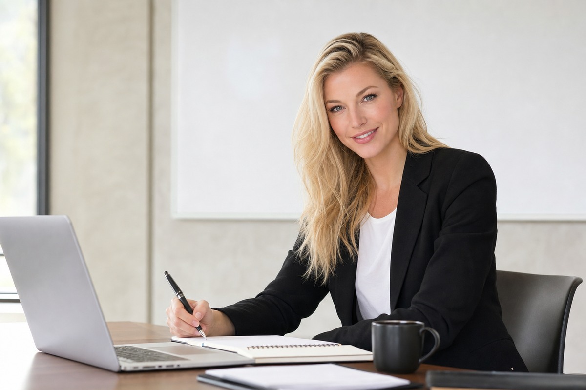 Nicole Junkerman writing notes beside a laptop at a desk in a bright meeting room